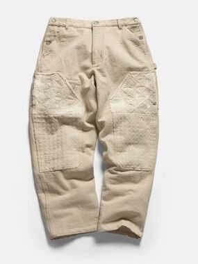 18EAST Eli Hand Embroidered Double Knee Work Pant Size Large Undyed Ecru Canvas